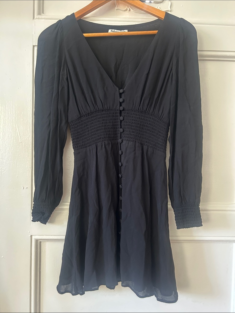 Reformation Catie Dress V-Neck Smocked Waist Long-Sleeve Dress